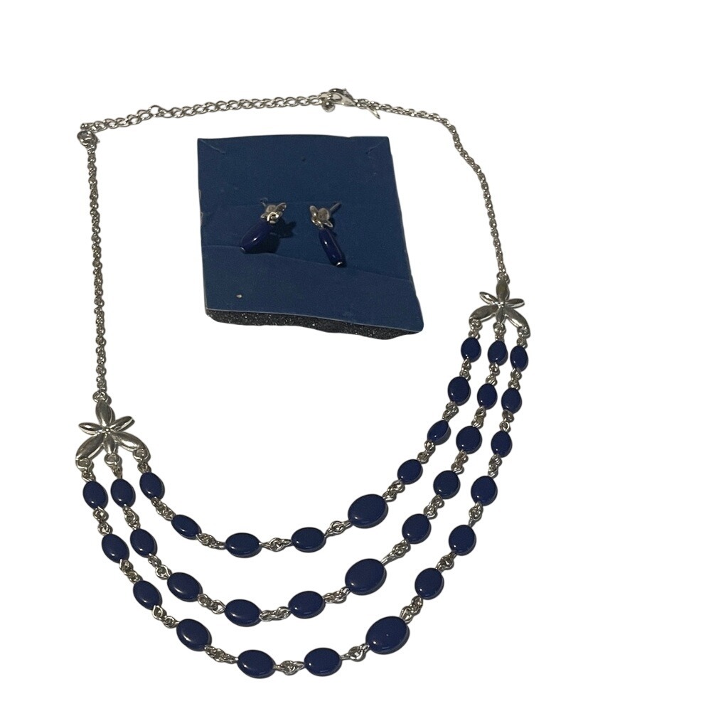 Beaded Necklace & Earrings Set‎ - Blue Silver Tone Jewelry Elegant Party